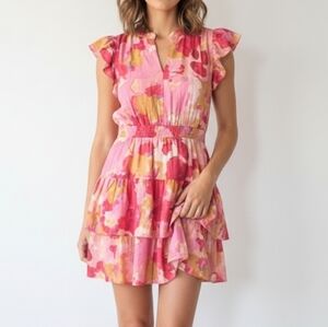 New With Tags Fuchsia Floral Shift Dress with Ruffled Sleeves Medium